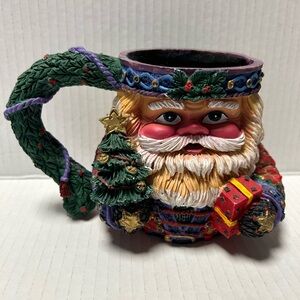 Santa Claus Christmas Tree Handle Mug Vintage Resin 1990 Decorative Holiday Mug